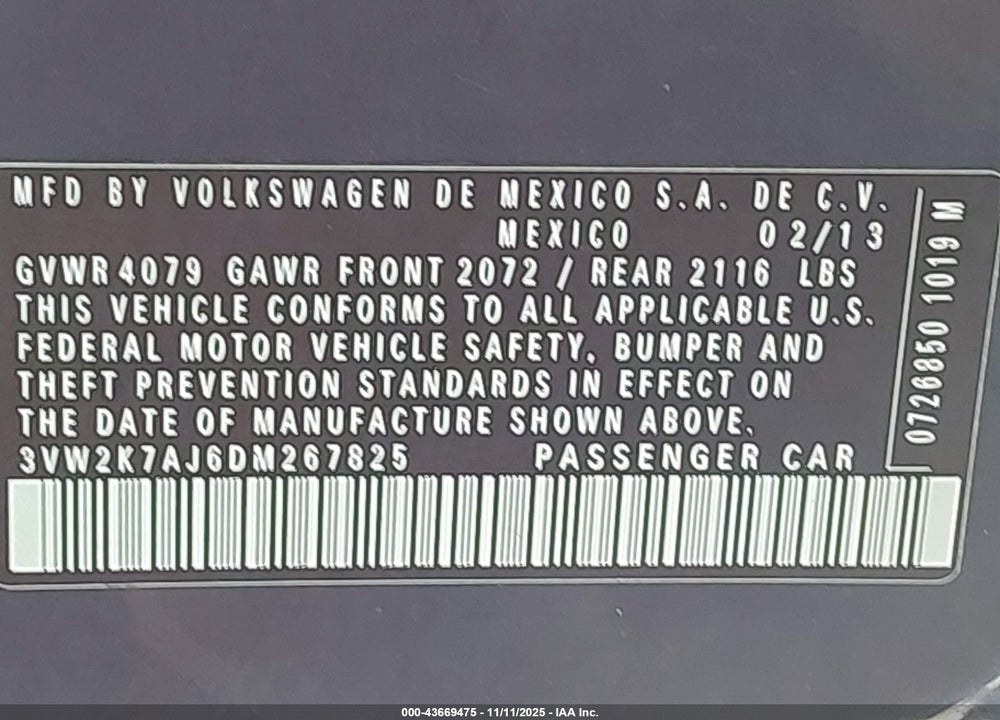 2013 VOLKSWAGEN JETTA 2.0L S VIN: 3VW2K7AJ6DM267825