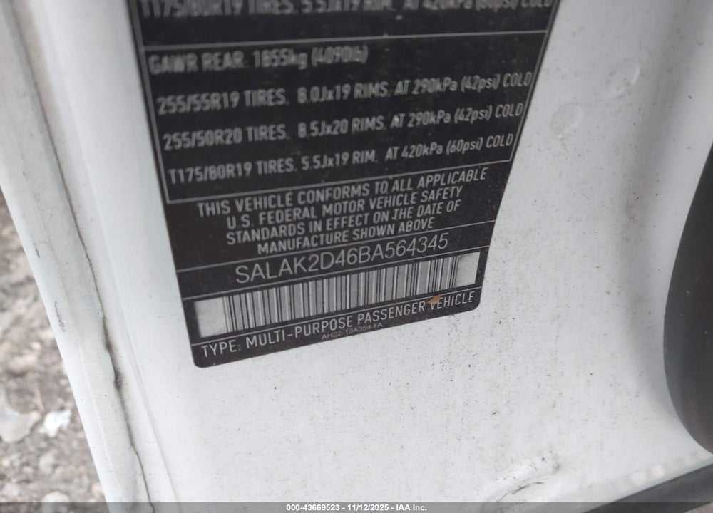 2011 LAND ROVER LR4 VIN: SALAK2D46BA564345