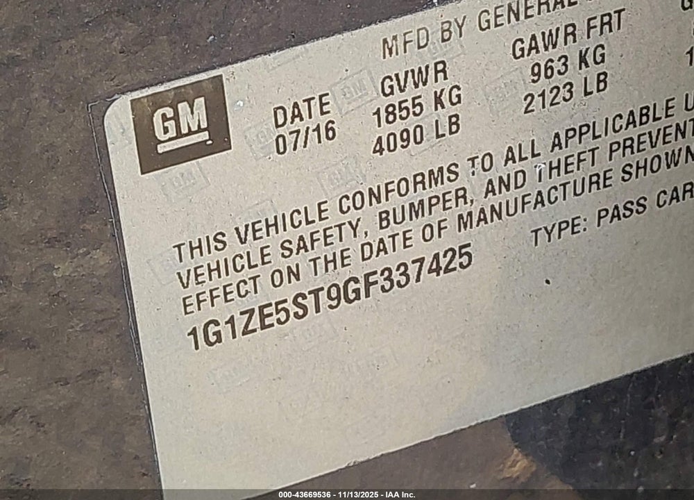 2016 CHEVROLET MALIBU VIN: 1G1ZE5ST9GF337425