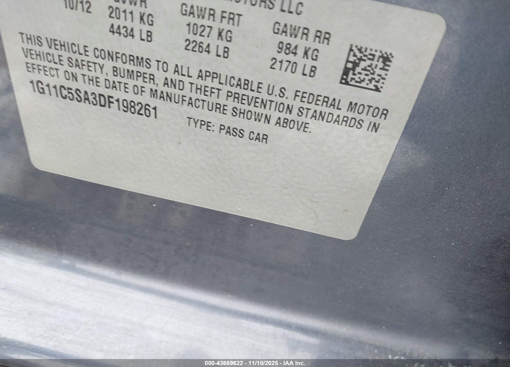 2013 CHEVROLET MALIBU 1LT VIN: 1G11C5SA3DF198261