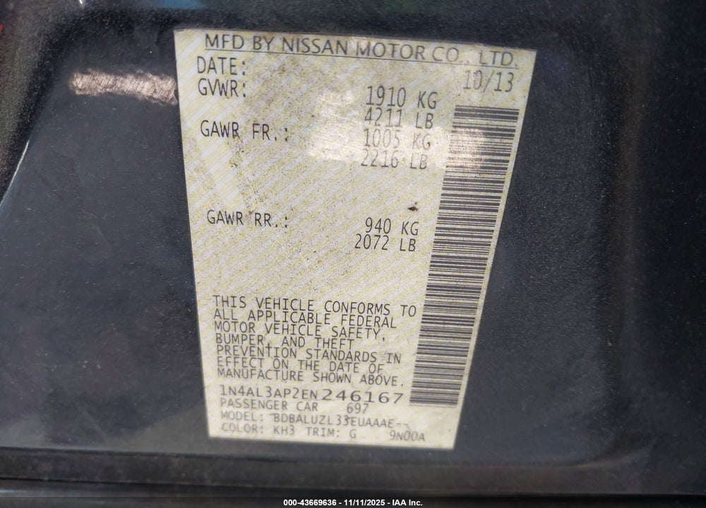 2014 NISSAN ALTIMA 2.5 SV VIN: 1N4AL3AP2EN246167