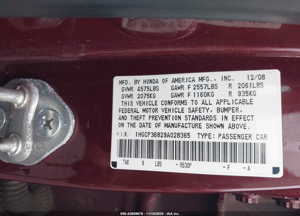 2009 HONDA ACCORD VIN: 1HGCP36829A028365