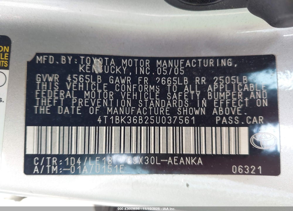 2005 TOYOTA AVALON TOURING VIN: 4T1BK36B25U037561