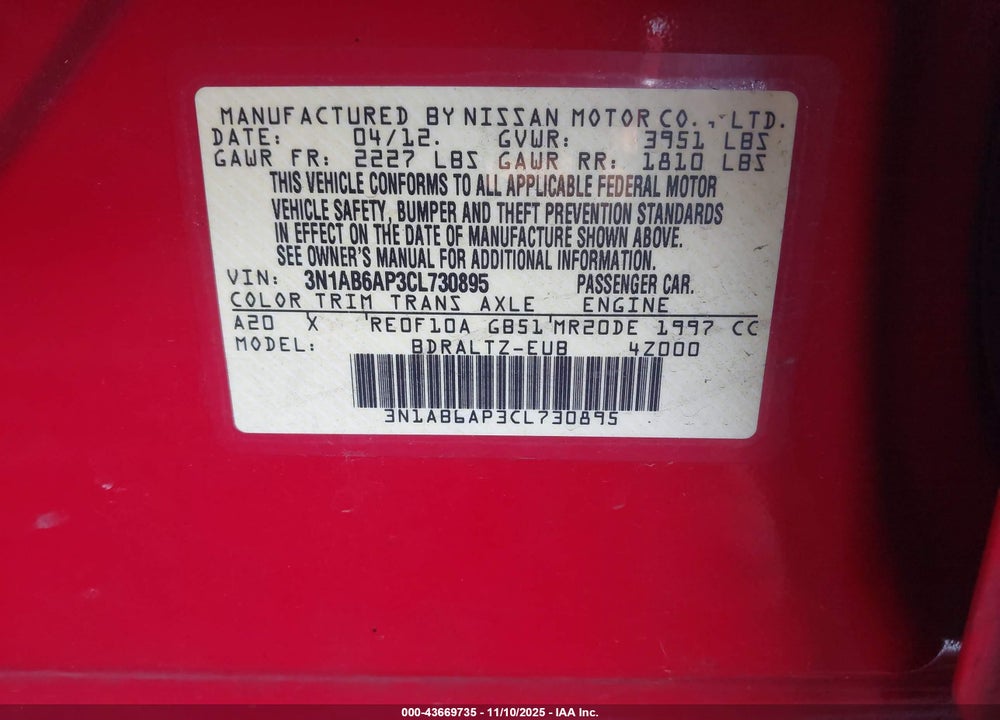 2012 NISSAN SENTRA 2.0 SR VIN: 3N1AB6AP3CL730895