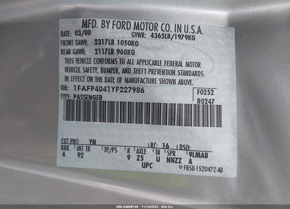 2000 FORD MUSTANG VIN: 1FAFP4041YF227986
