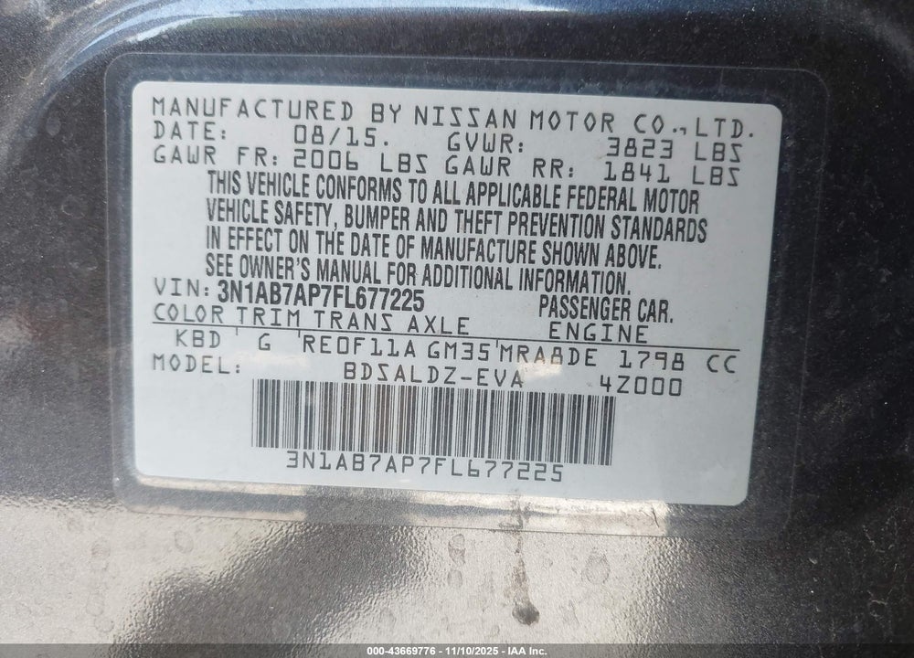 2015 NISSAN SENTRA SV VIN: 3N1AB7AP7FL677225