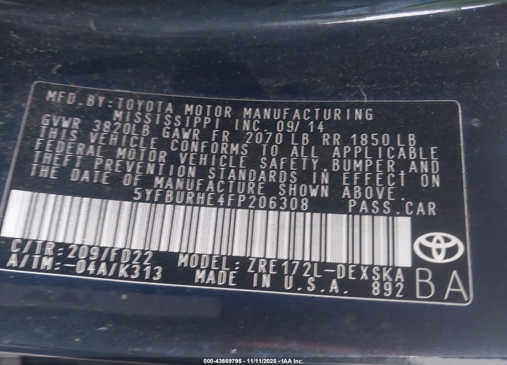 2015 TOYOTA COROLLA S PLUS VIN: 5YFBURHE4FP206308