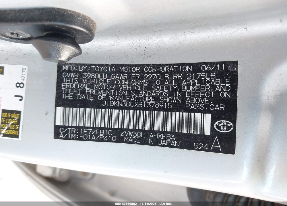 2011 TOYOTA PRIUS VIN: JTDKN3DUXB1378915