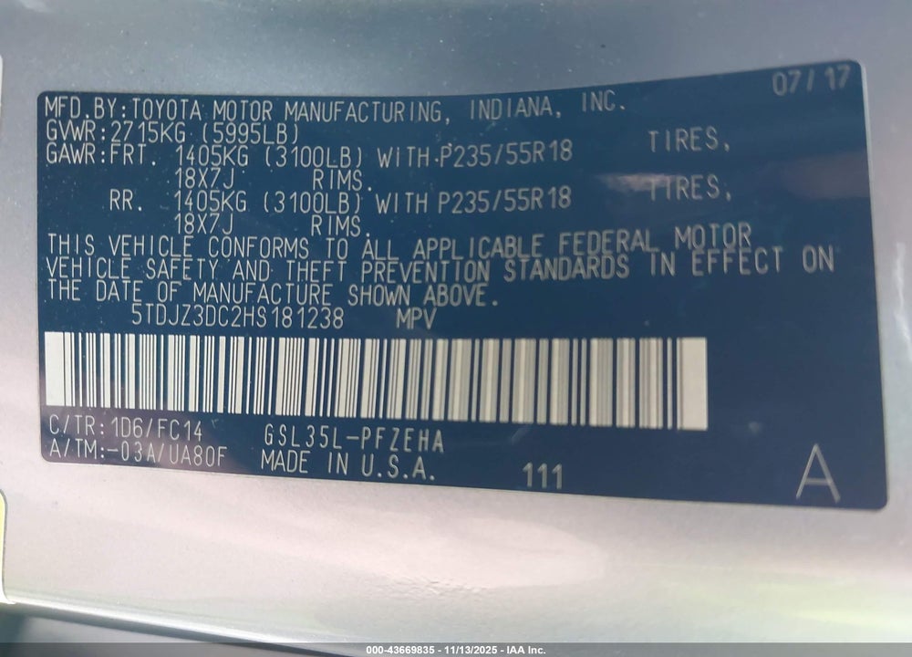 2017 TOYOTA SIENNA LE 7 PASSENGER VIN: 5TDJZ3DC2HS181238