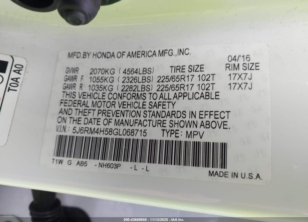 2016 HONDA CR-V VIN: 5J6RM4H58GL068715