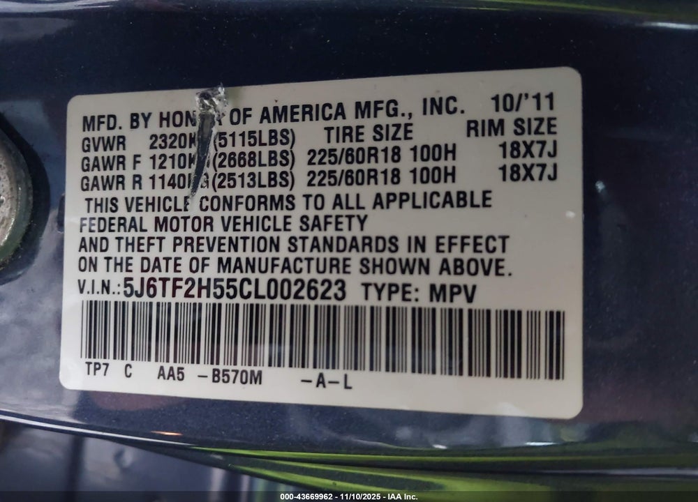 2012 HONDA CROSSTOUR EX-L VIN: 5J6TF2H55CL002623
