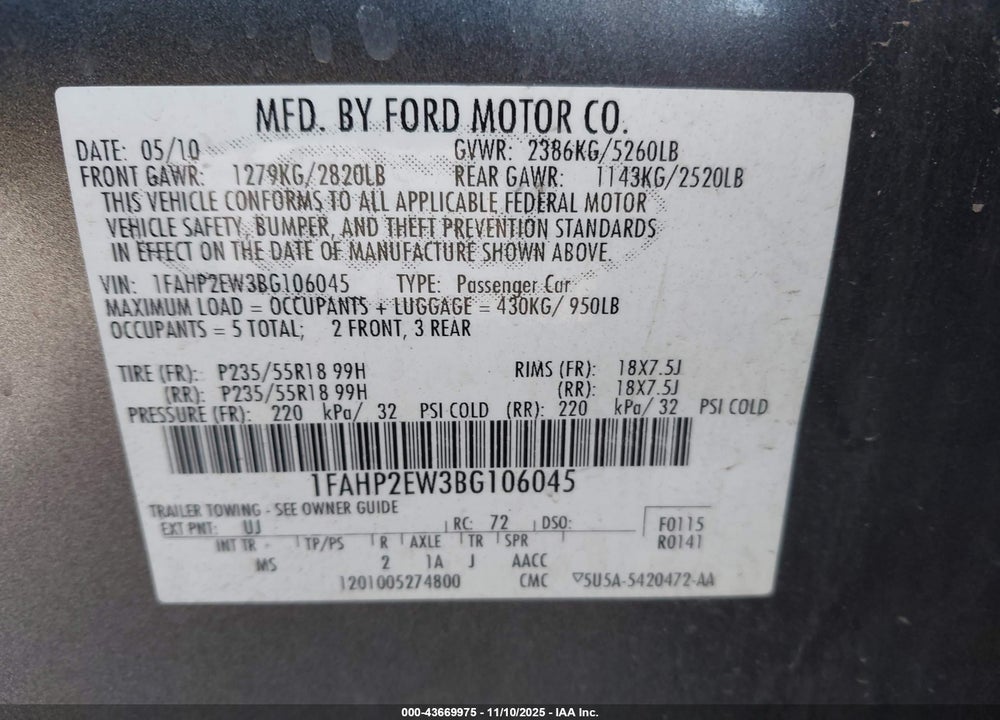 2011 FORD TAURUS SEL VIN: 1FAHP2EW3BG106045