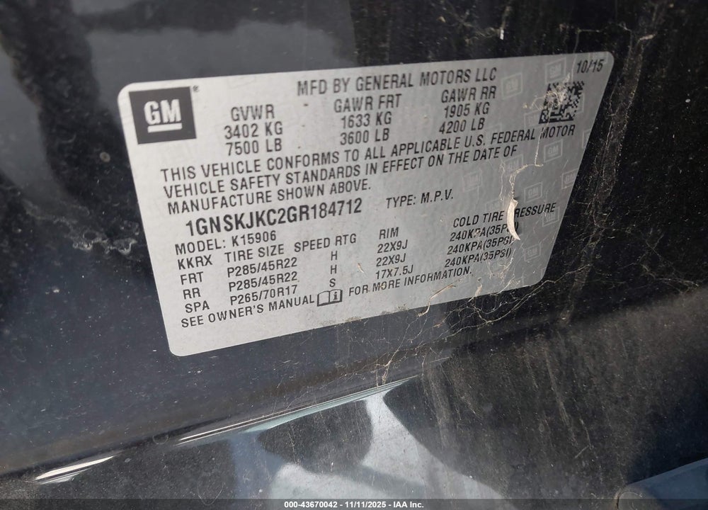 2016 CHEVROLET SUBURBAN LTZ VIN: 1GNSKJKC2GR184712