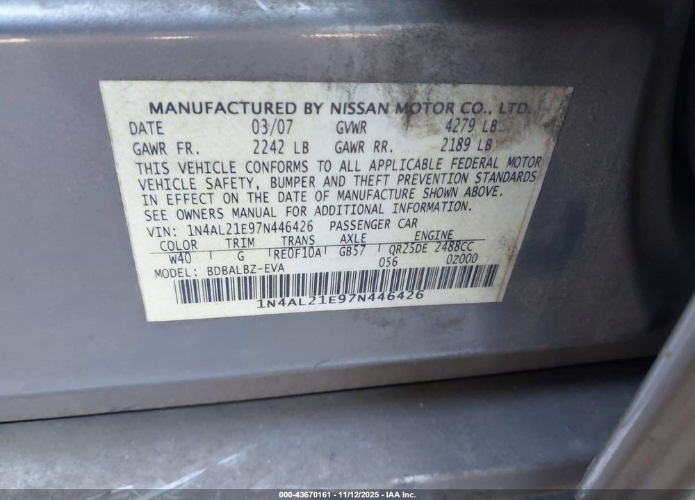 2007 NISSAN ALTIMA 2.5 S VIN: 1N4AL21E97N446426