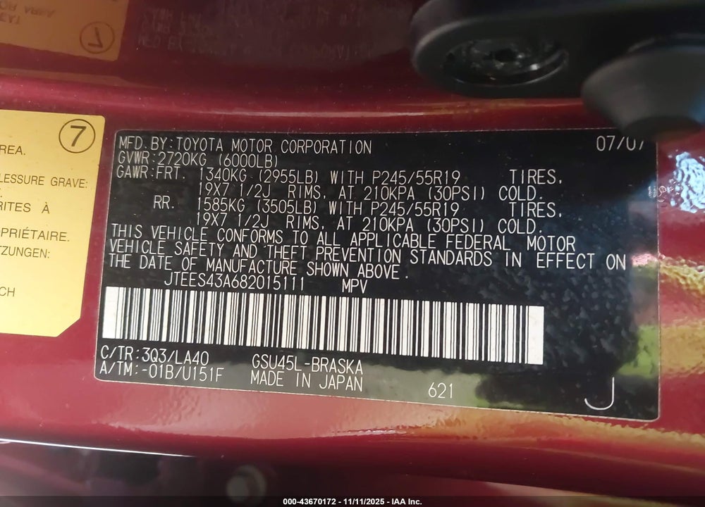 2008 TOYOTA HIGHLANDER SPORT VIN: JTEES43A682015111