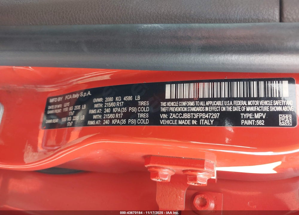 2015 JEEP RENEGADE LATITUDE VIN: ZACCJBBT3FPB47297
