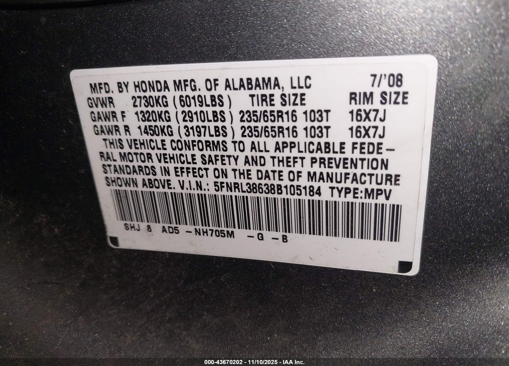 2008 HONDA ODYSSEY EX-L VIN: 5FNRL38638B105184