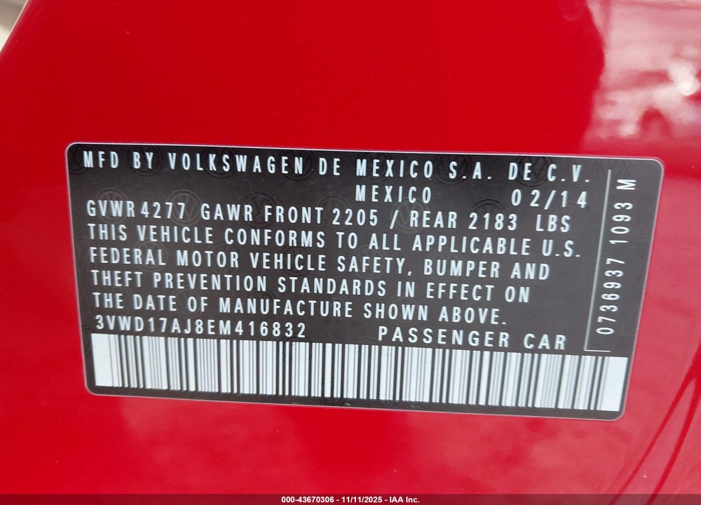 2014 VOLKSWAGEN JETTA VIN: 3VWD17AJ8EM416832