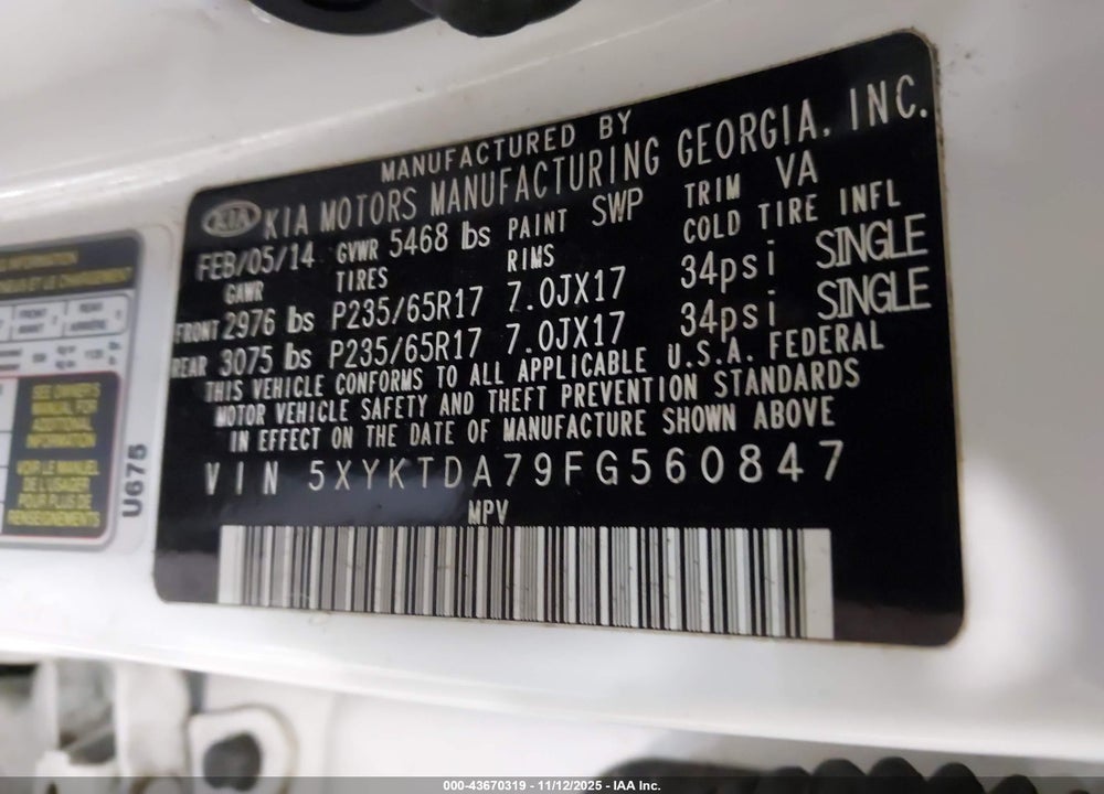 2015 KIA SORENTO LX V6 VIN: 5XYKTDA79FG560847