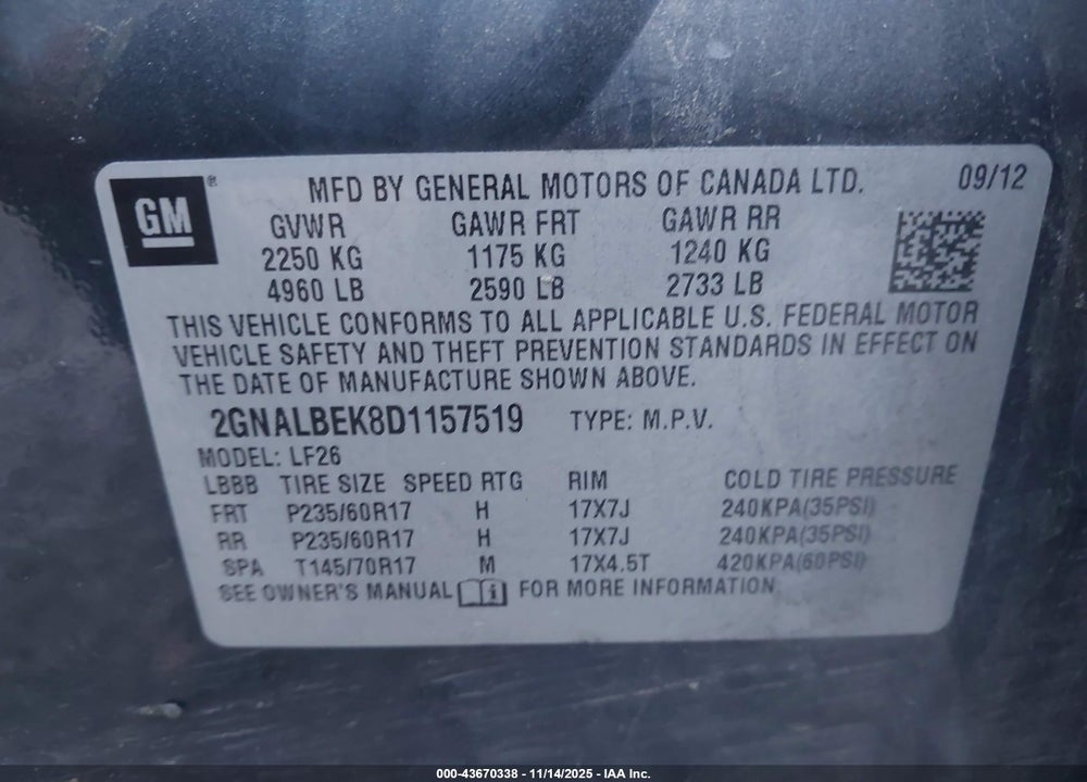 2013 CHEVROLET EQUINOX VIN: 2GNALBEK8D1157519