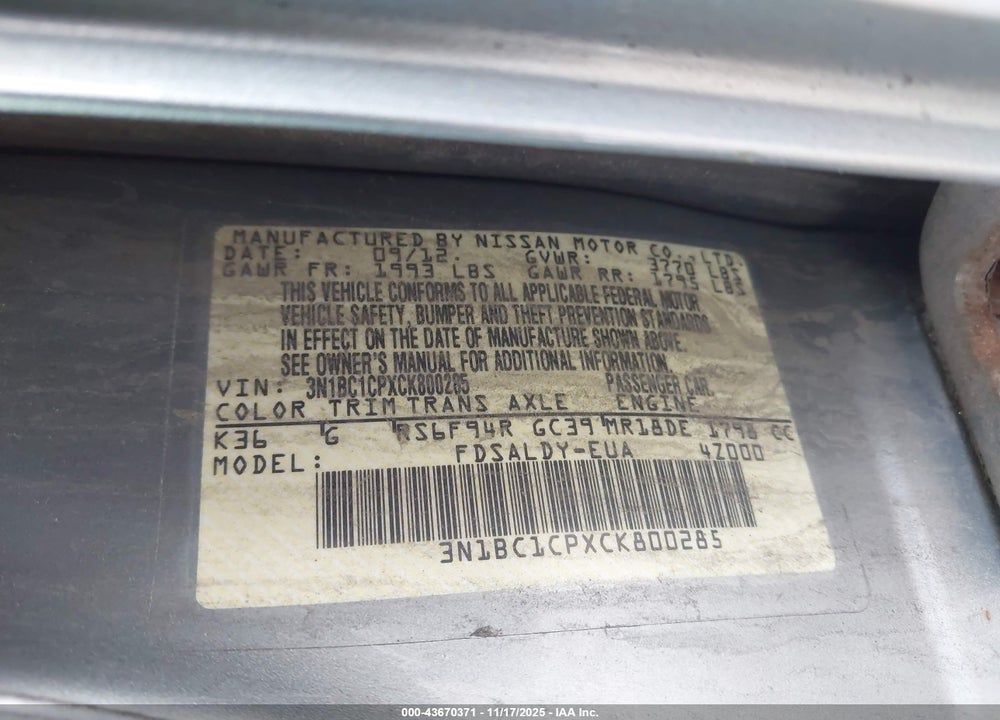 2012 NISSAN VERSA 1.8 S VIN: 3N1BC1CPXCK800285