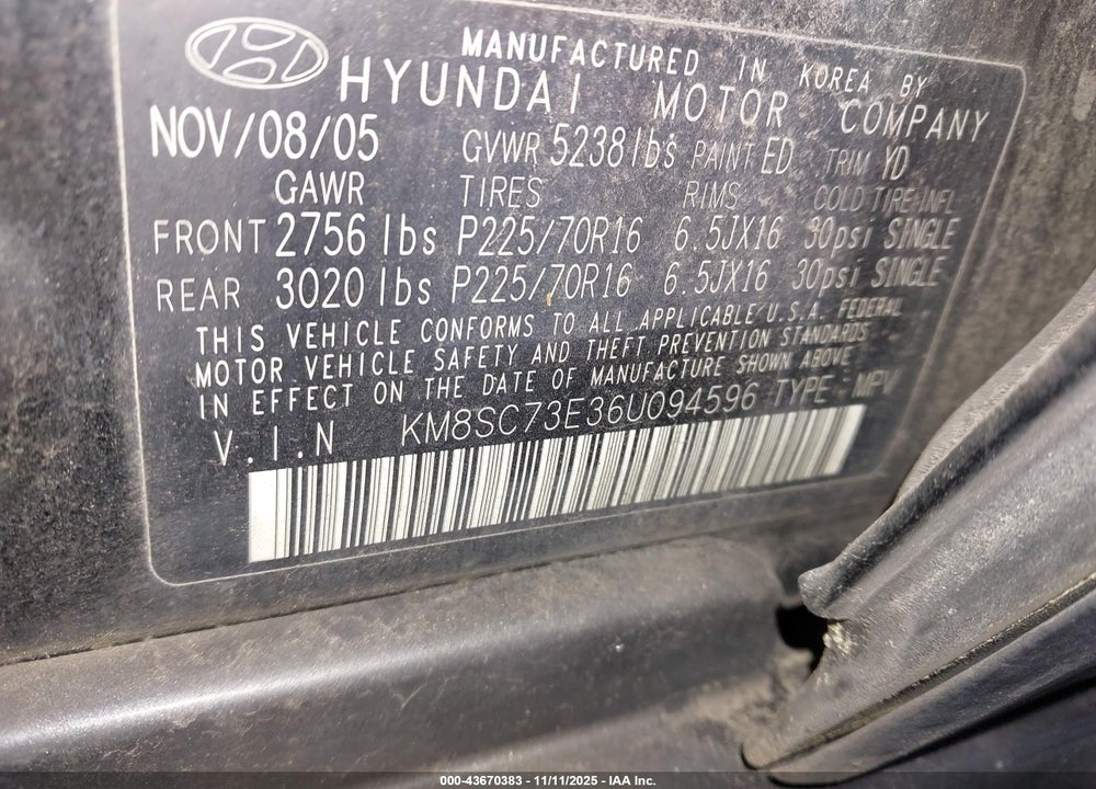 2006 HYUNDAI SANTA FE VIN: KM8SC73E36U094596