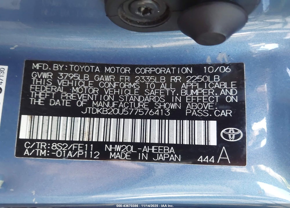 2007 TOYOTA PRIUS VIN: JTDKB20U577576413