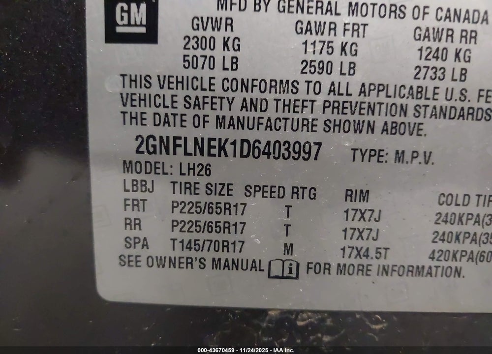2013 CHEVROLET EQUINOX 2LT VIN: 2GNFLNEK1D6403997