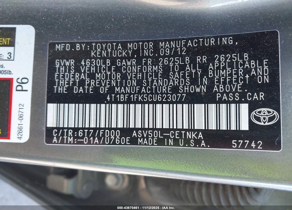2012 TOYOTA CAMRY LE VIN: 4T1BF1FK5CU623077