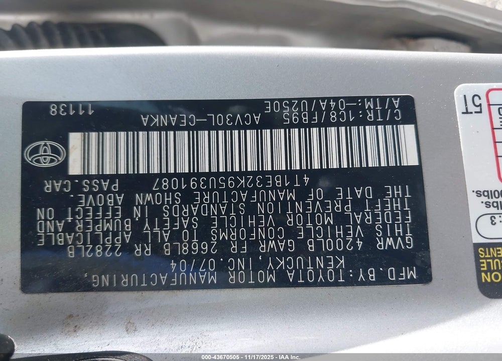 2005 TOYOTA CAMRY STD/ VIN: 4T1BE32K95U391087