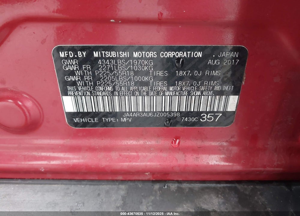 2018 MITSUBISHI OUTLANDER SPORT VIN: JA4AR3AU6JZ005398