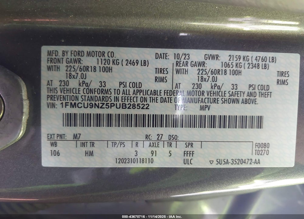 2023 FORD ESCAPE ST-LINE SELECT VIN: 1FMCU9NZ5PUB28522