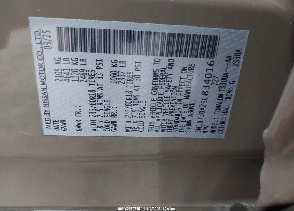 2025 NISSAN ROGUE SV FWD VIN: 5N1BT3BA2SC834016