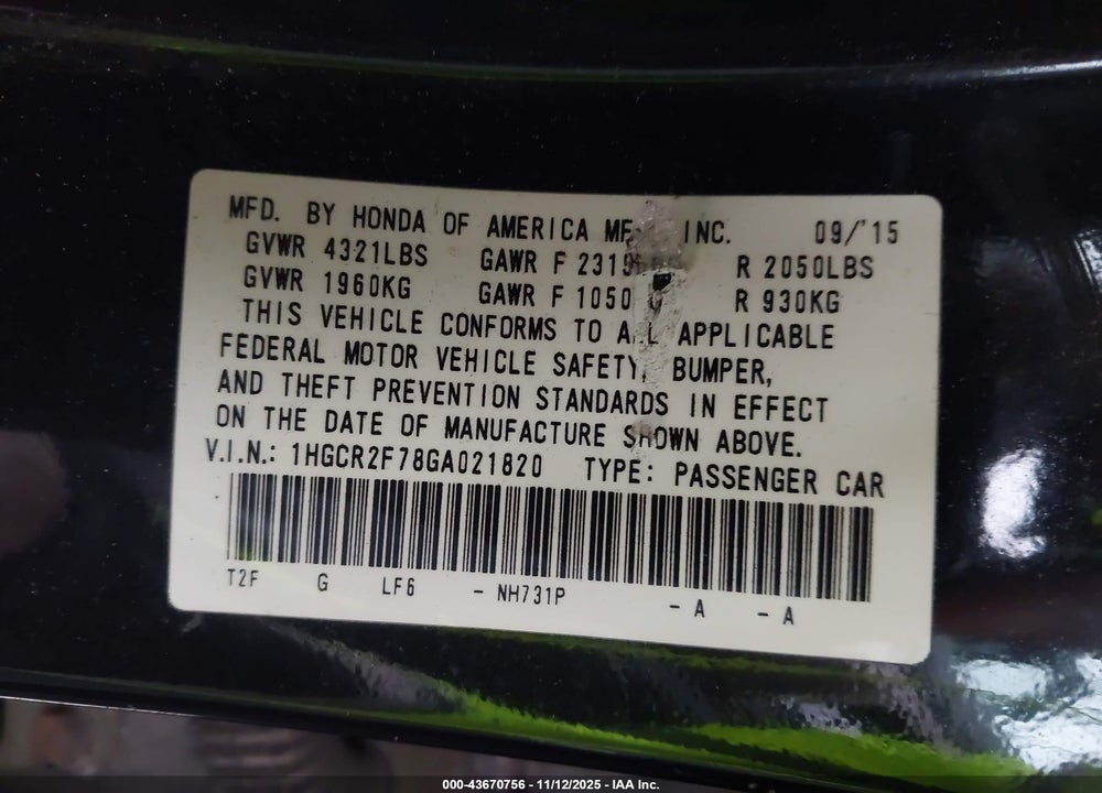 2016 HONDA ACCORD VIN: 1HGCR2F78GA021820