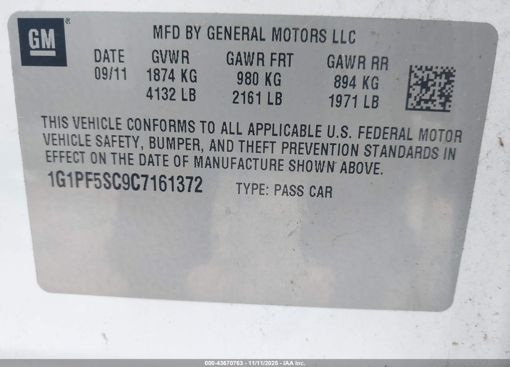 2012 CHEVROLET CRUZE 1LT VIN: 1G1PF5SC9C7161372