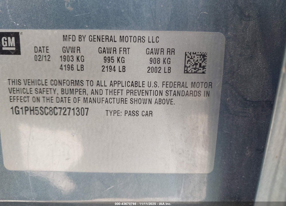 2012 CHEVROLET CRUZE LTZ VIN: 1G1PH5SC8C7271307