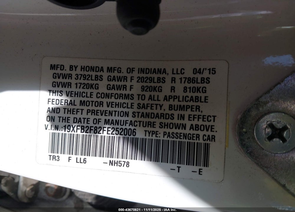 2015 HONDA CIVIC EX VIN: 19XFB2F82FE252006