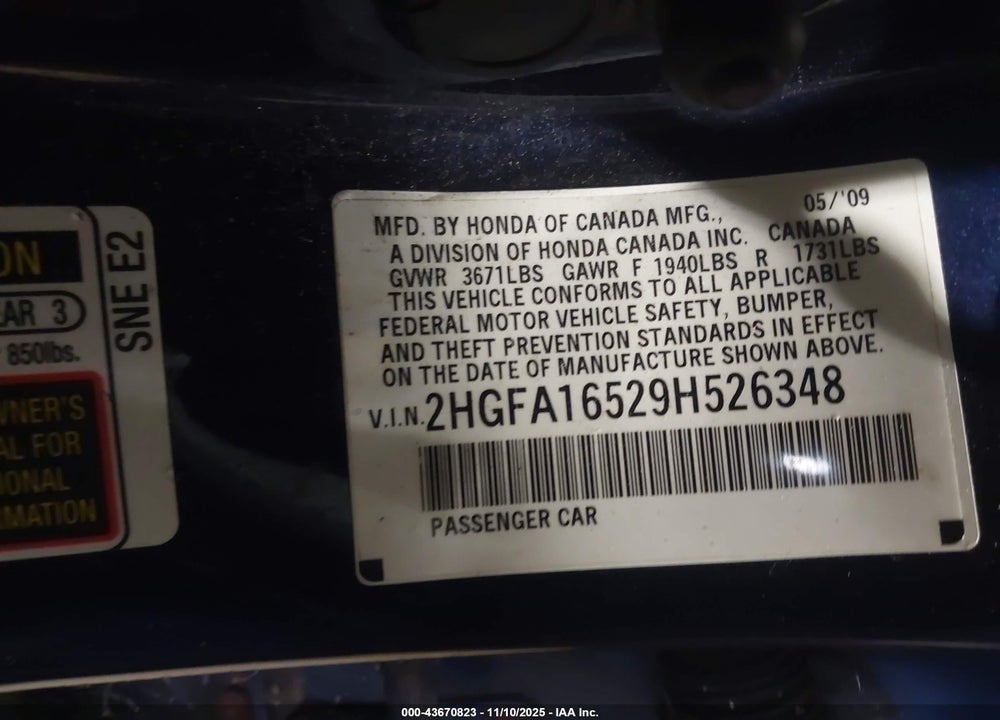 2009 HONDA CIVIC VIN: 2HGFA16529H526348