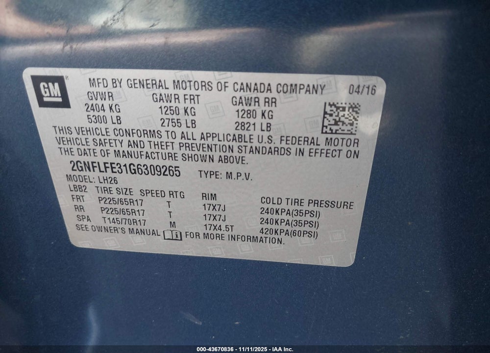 2016 CHEVROLET EQUINOX LT VIN: 2GNFLFE31G6309265