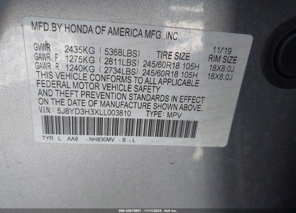 2020 ACURA MDX VIN: 5J8YD3H3XLL003810