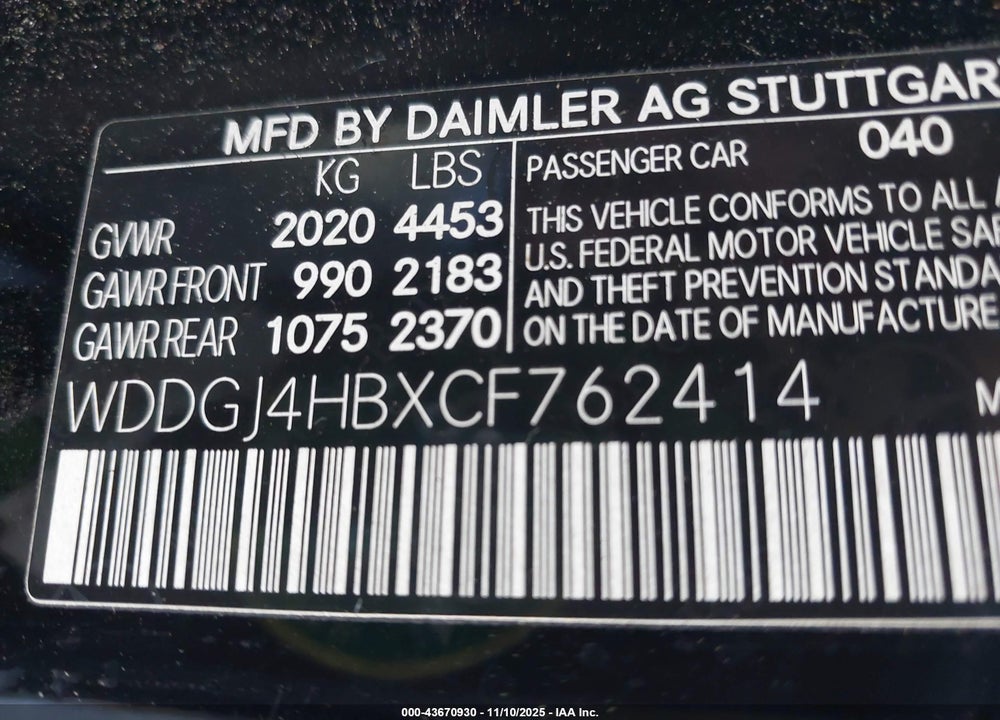 2012 MERCEDES-BENZ C 250 VIN: WDDGJ4HBXCF762414