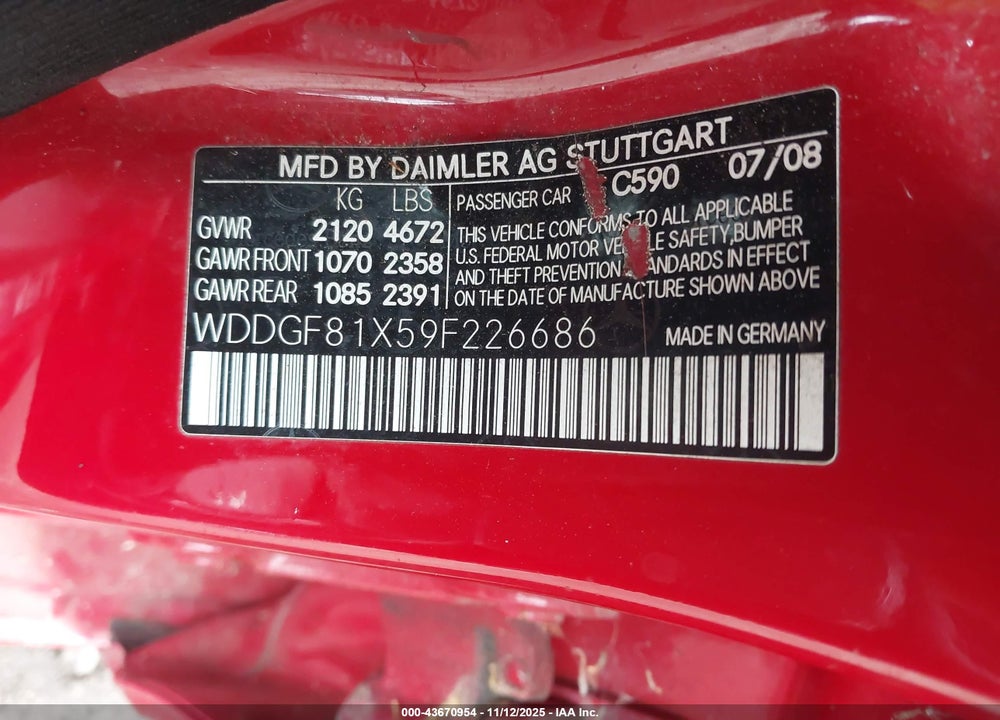 2009 MERCEDES-BENZ C CLASS VIN: WDDGF81X59F226686