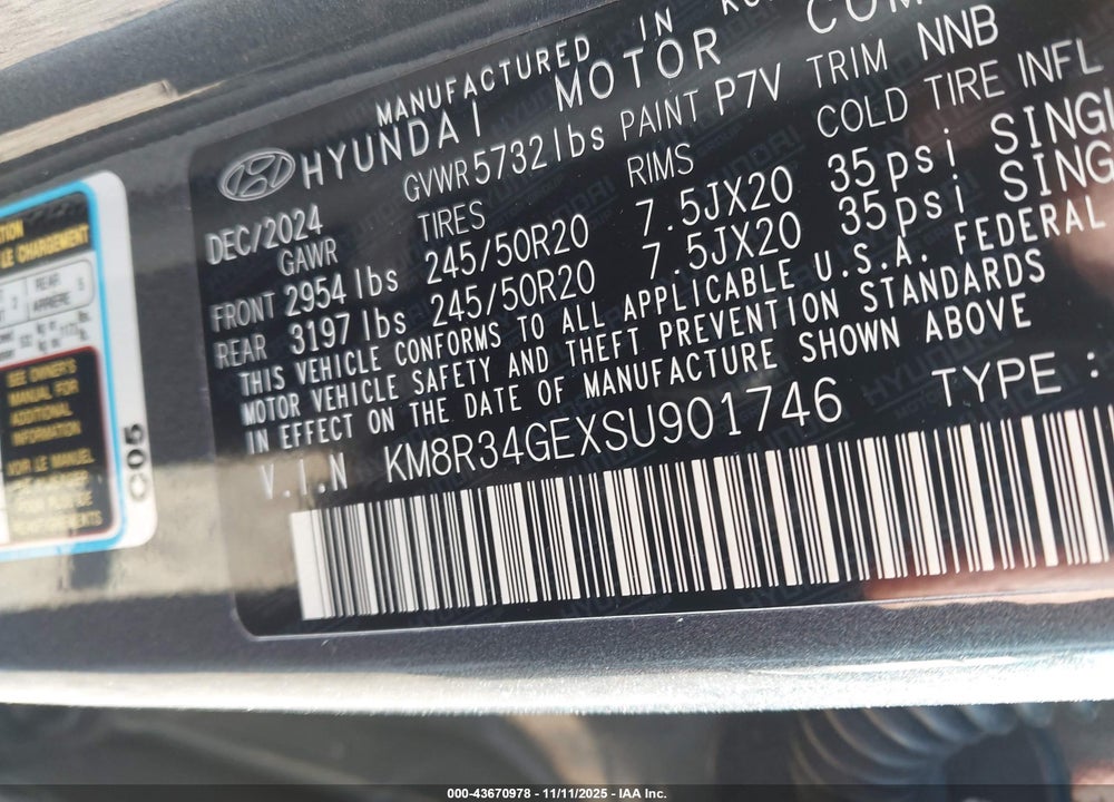 2025 HYUNDAI PALISADE XRT VIN: KM8R34GEXSU901746