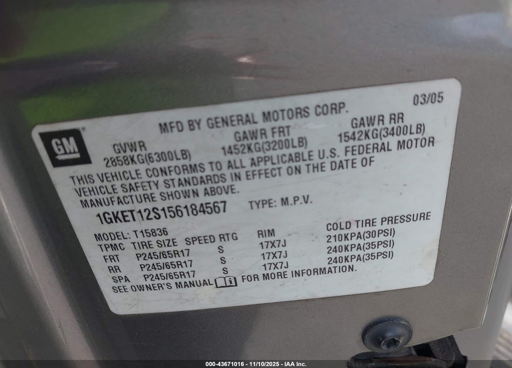 2005 GMC ENVOY XUV SLE VIN: 1GKET12S156184567
