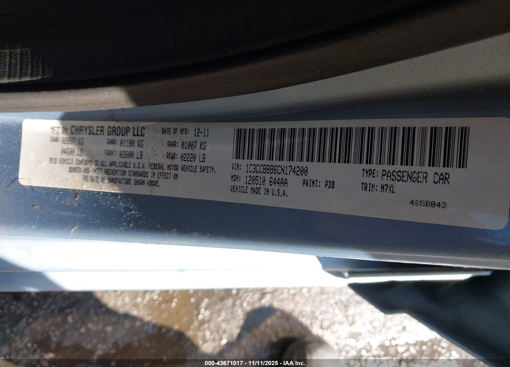 2012 CHRYSLER 200 TOURING VIN: 1C3CCBBB6CN174200
