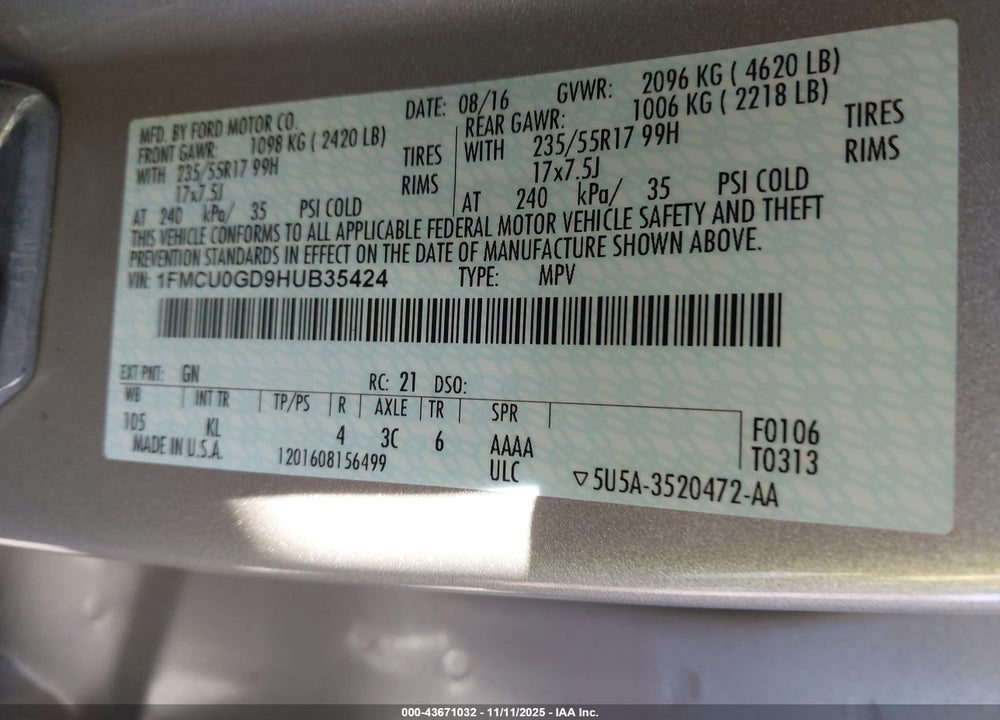 2017 FORD ESCAPE VIN: 1FMCU0GD9HUB35424