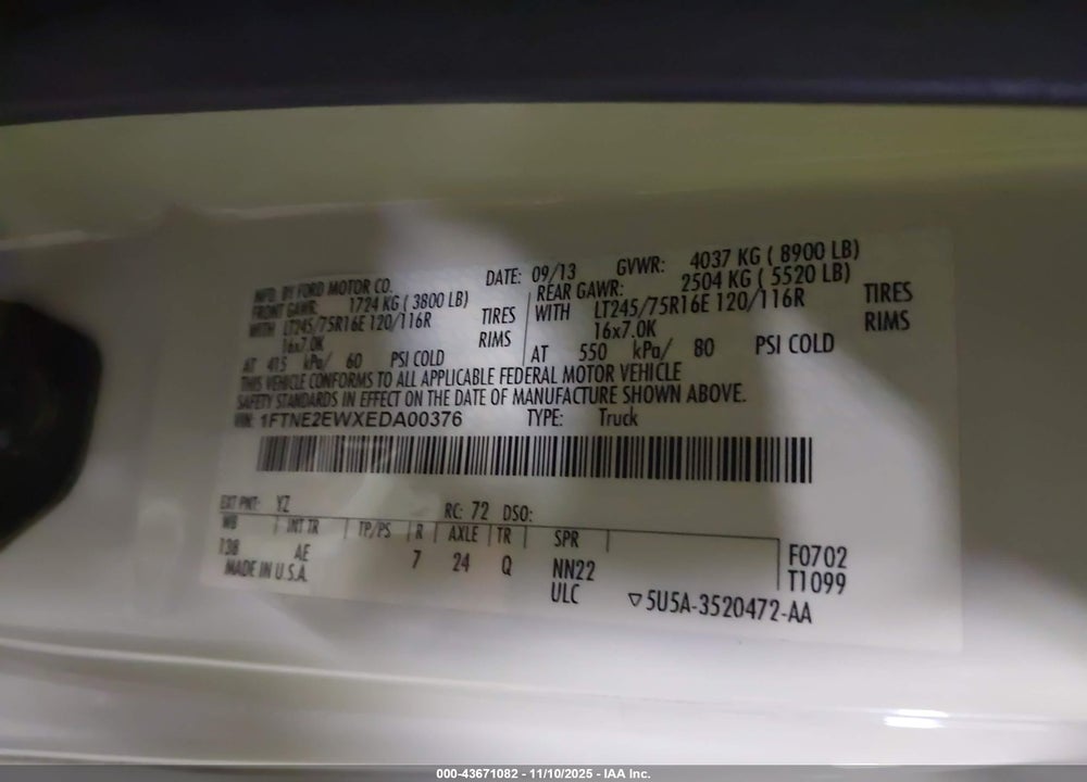 2014 FORD E-250 COMMERCIAL VIN: 1FTNE2EWXEDA00376