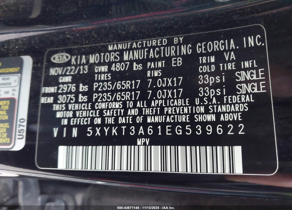 2014 KIA SORENTO VIN: 5XYKT3A61EG539622