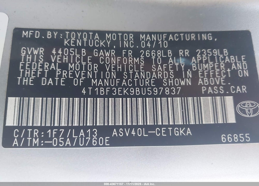 2011 TOYOTA CAMRY VIN: 4T1BF3EK9BU597837