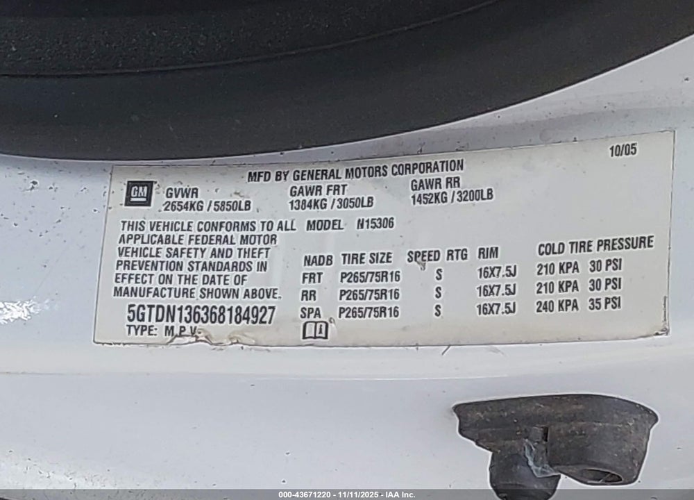 2006 HUMMER H3 SUV VIN: 5GTDN136368184927